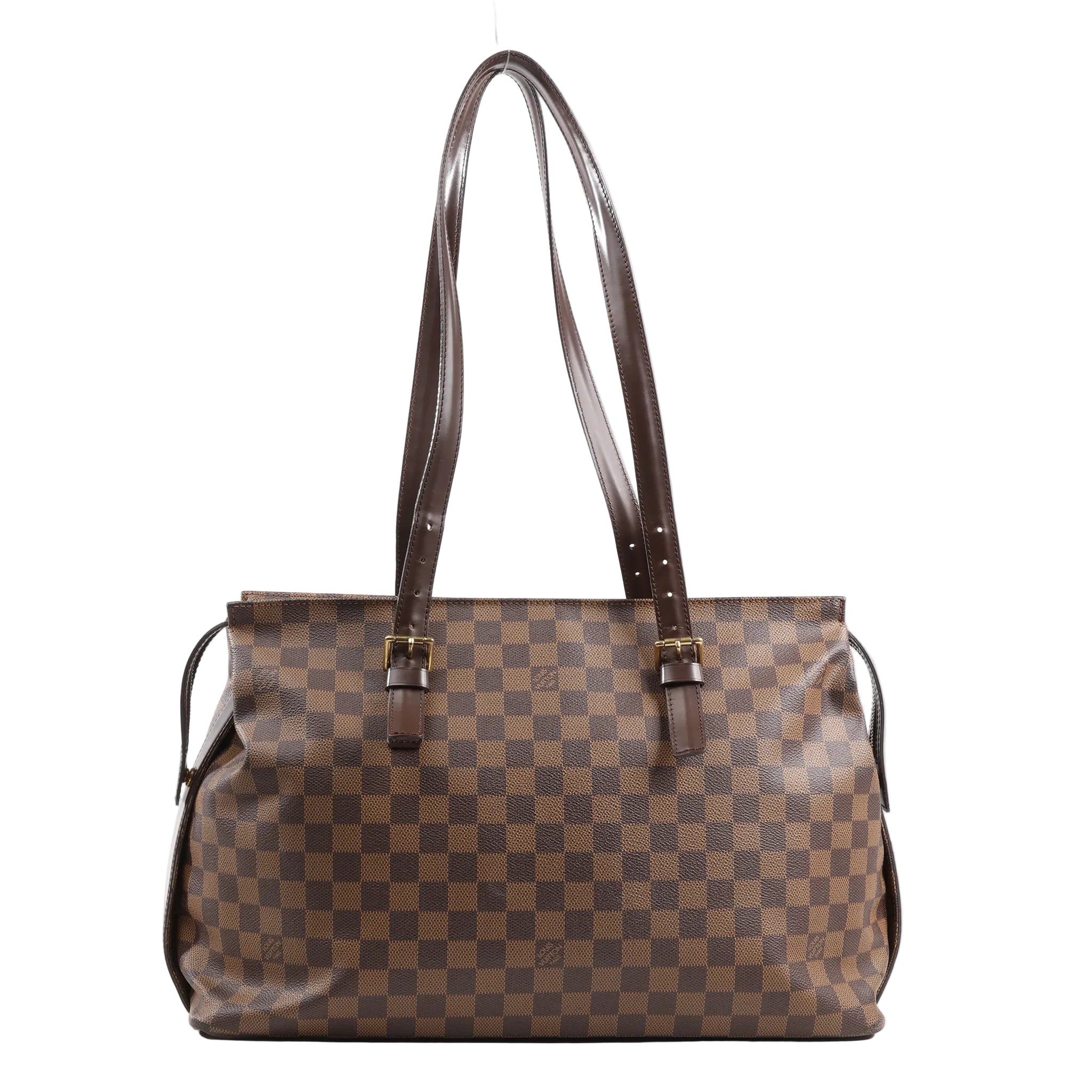 Louis Vuitton Damier Ebene Chelsea Shoulder Bag N51119 featuring brown checkered canvas, long adjustable dark brown leather shoulder straps with gold-tone buckles, and a roomy rectangular silhouette, displayed upright on a white background.