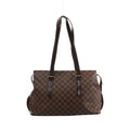 Brown Louis Vuitton Chelsea Damier Ebene shoulder bag with long dark leather straps, buckle details and gold-tone hardware.