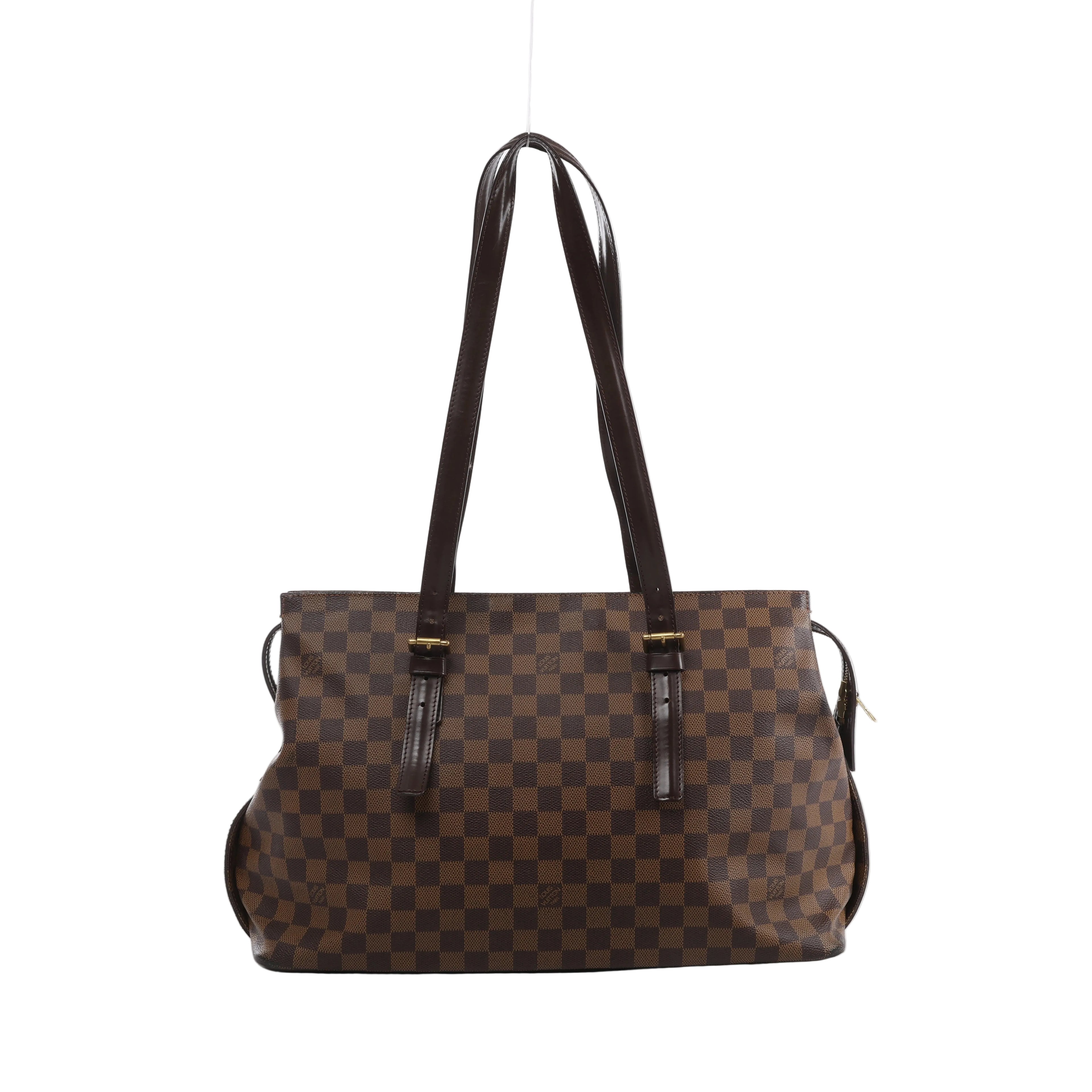 Brown Louis Vuitton Chelsea Damier Ebene shoulder bag with long dark leather straps, buckle details and gold-tone hardware.