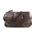Louis Vuitton Chelsea Damier Ebene check canvas shoulder bag with dark brown leather straps, buckle accents, and adjustable shoulder straps on white background