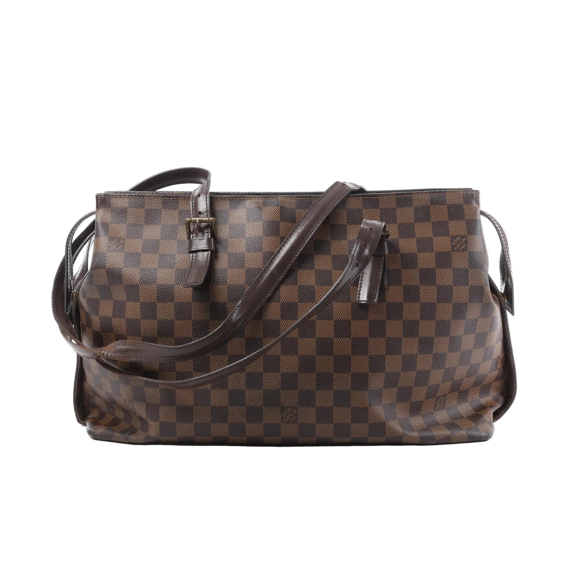 Louis Vuitton Chelsea Damier Ebene check canvas shoulder bag with dark brown leather straps, buckle accents, and adjustable shoulder straps on white background