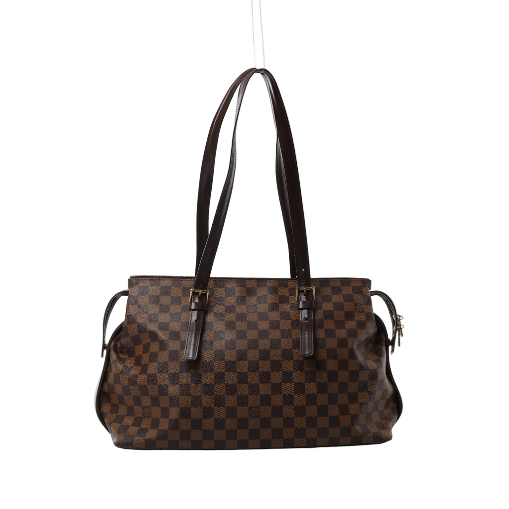 Brown Louis Vuitton Chelsea Damier Ebene shoulder bag with long dark leather straps, buckle details and gold-tone hardware.