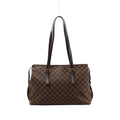 Brown Louis Vuitton Chelsea Damier Ebene shoulder bag with long dark leather straps, buckle details and gold-tone hardware.