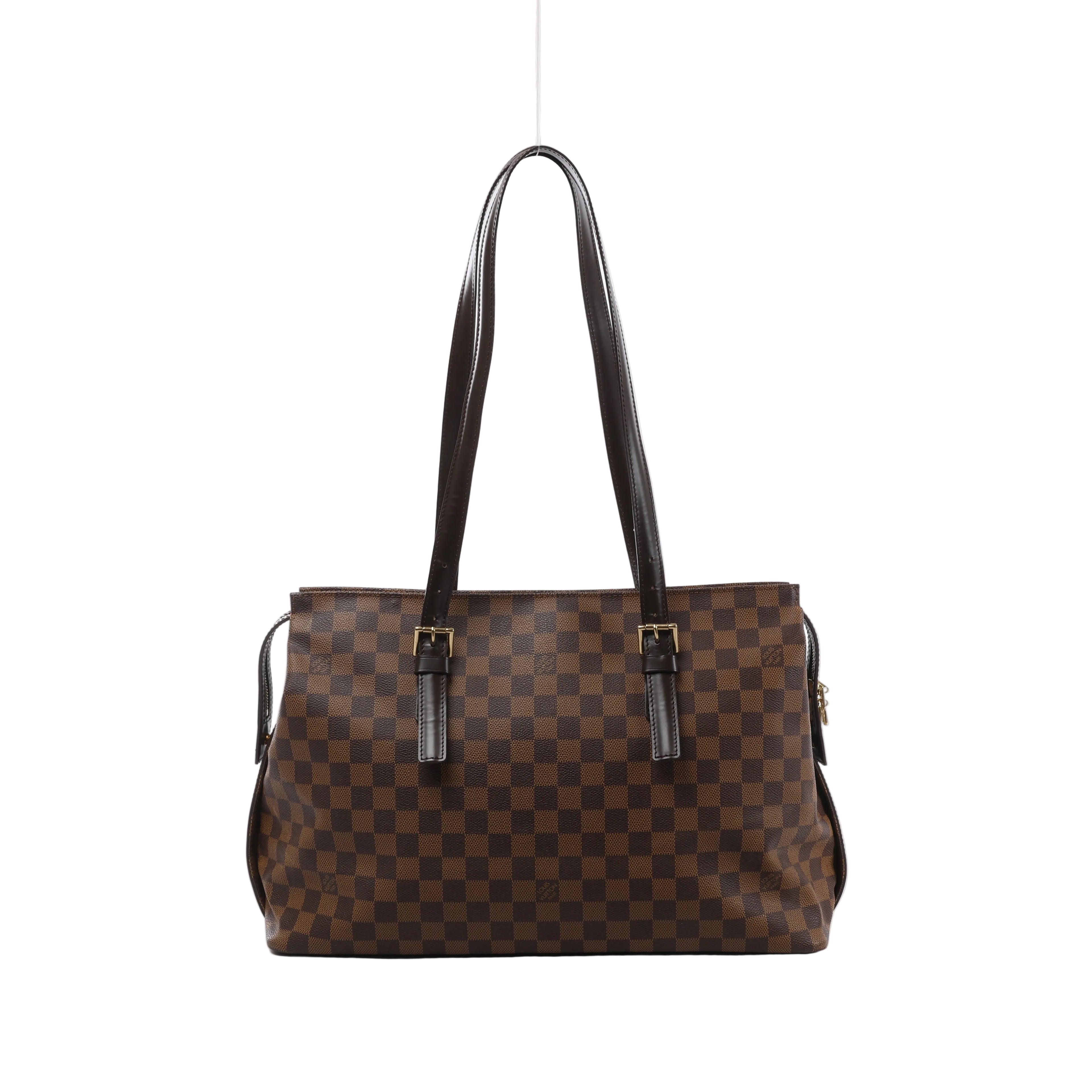 Brown Louis Vuitton Chelsea Damier Ebene shoulder bag with long dark leather straps, buckle details and gold-tone hardware.