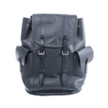 Black Louis Vuitton Christopher PM Epi leather backpack with textured body, flap top, dual buckle straps and side pockets on a white background.