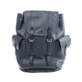 Black Louis Vuitton Christopher PM Epi leather backpack with textured body, flap top, dual buckle straps and side pockets on a white background.