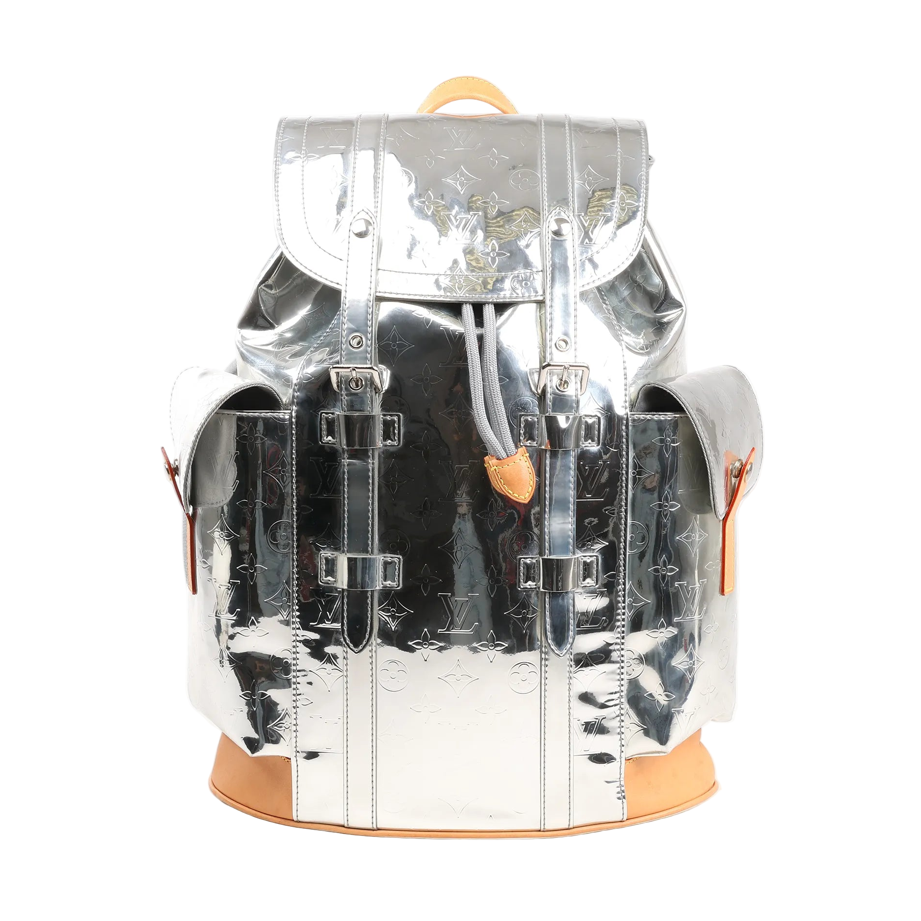 Louis Vuitton Christopher PM Backpack in reflective silver Monogram patent leather with dual front buckle straps, side pockets, and natural leather trim.