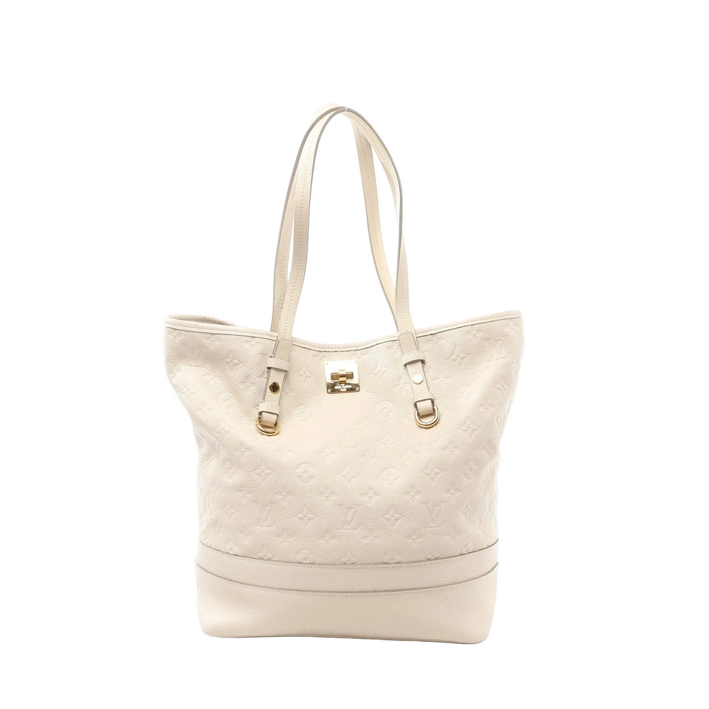 Louis Vuitton Citadin PM tote in beige Monogram Empreinte leather with double shoulder straps and a gold-tone turn-lock clasp, front view on white background.