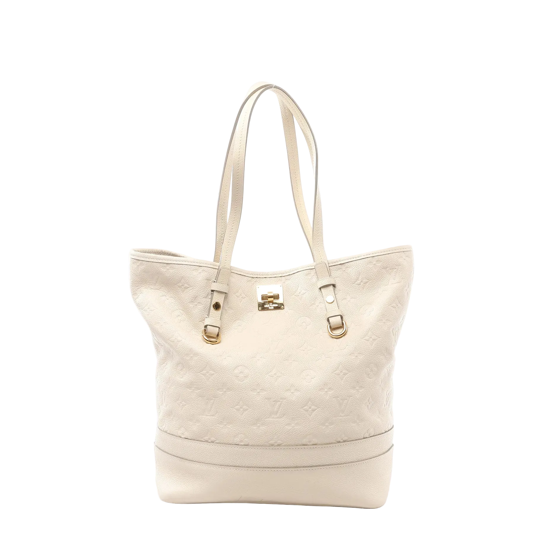 Louis Vuitton Citadin PM tote in beige Monogram Empreinte leather with double shoulder straps and a gold-tone turn-lock clasp, front view on white background.