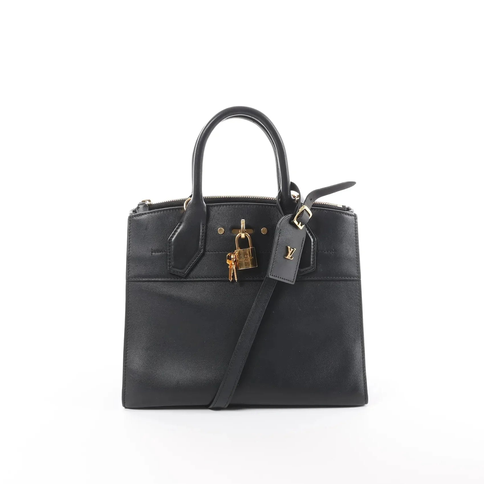 Louis Vuitton City Steamer PM black leather handbag with top handles, detachable shoulder strap, zip-top closure, LV luggage tag, and gold-tone padlock on white background