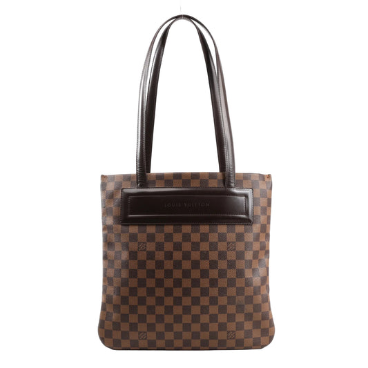 Louis Vuitton Clifton Handbag N51149 in Damier Ebene coated canvas with dark brown leather trim, featuring dual flat shoulder straps, a slim rectangular silhouette, and embossed Louis Vuitton logo on the leather panel, displayed against a white background.