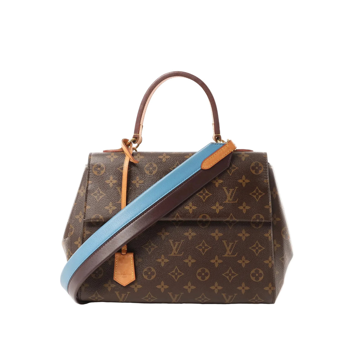 Louis Vuitton Cluny MM handbag in brown Monogram canvas with top handle, flap front, leather trim and a contrasting blue and brown detachable shoulder strap on white background.