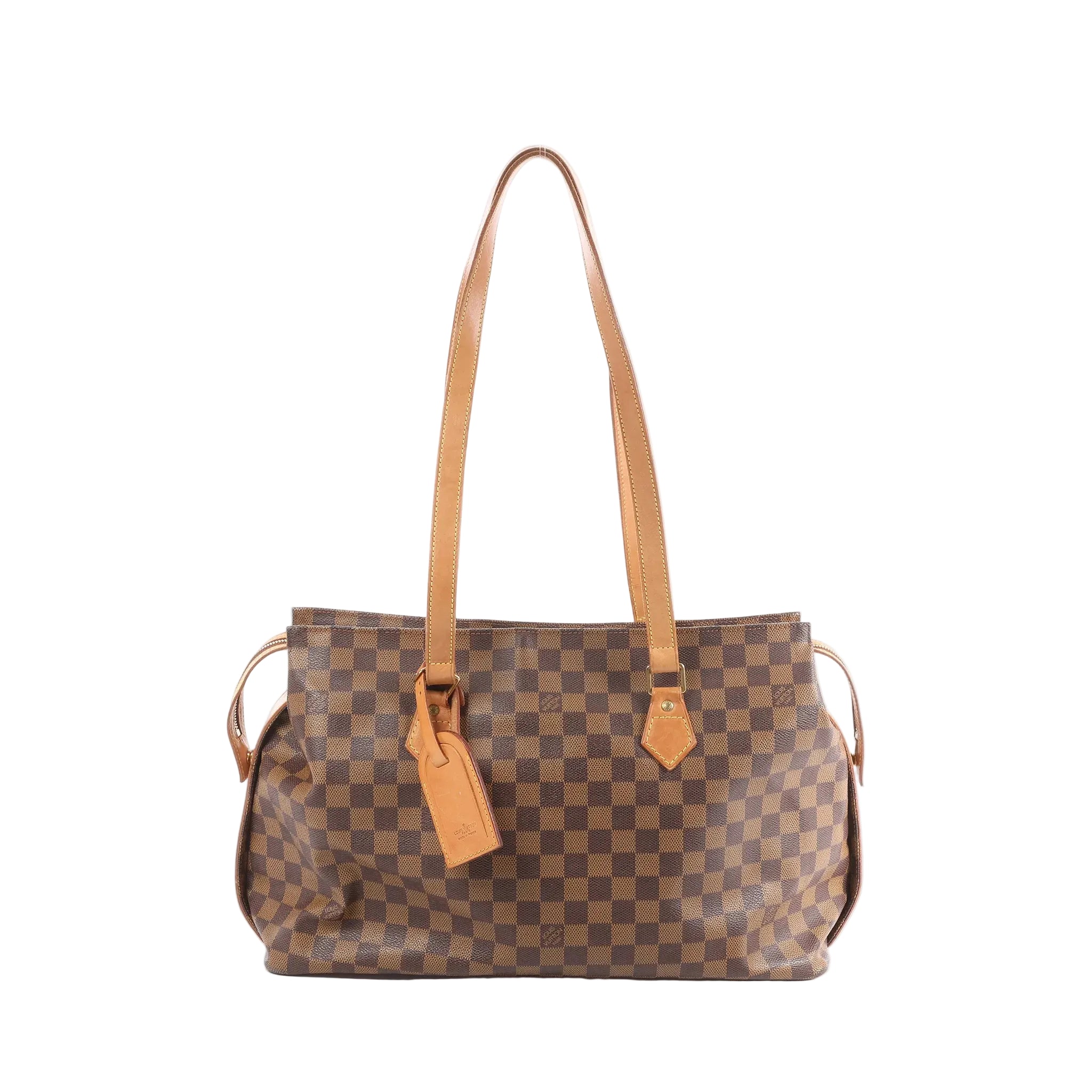 Louis Vuitton Columbine Damier Ebene brown checkered shoulder bag with natural leather straps, side strap details, and hanging LV leather tag on white background