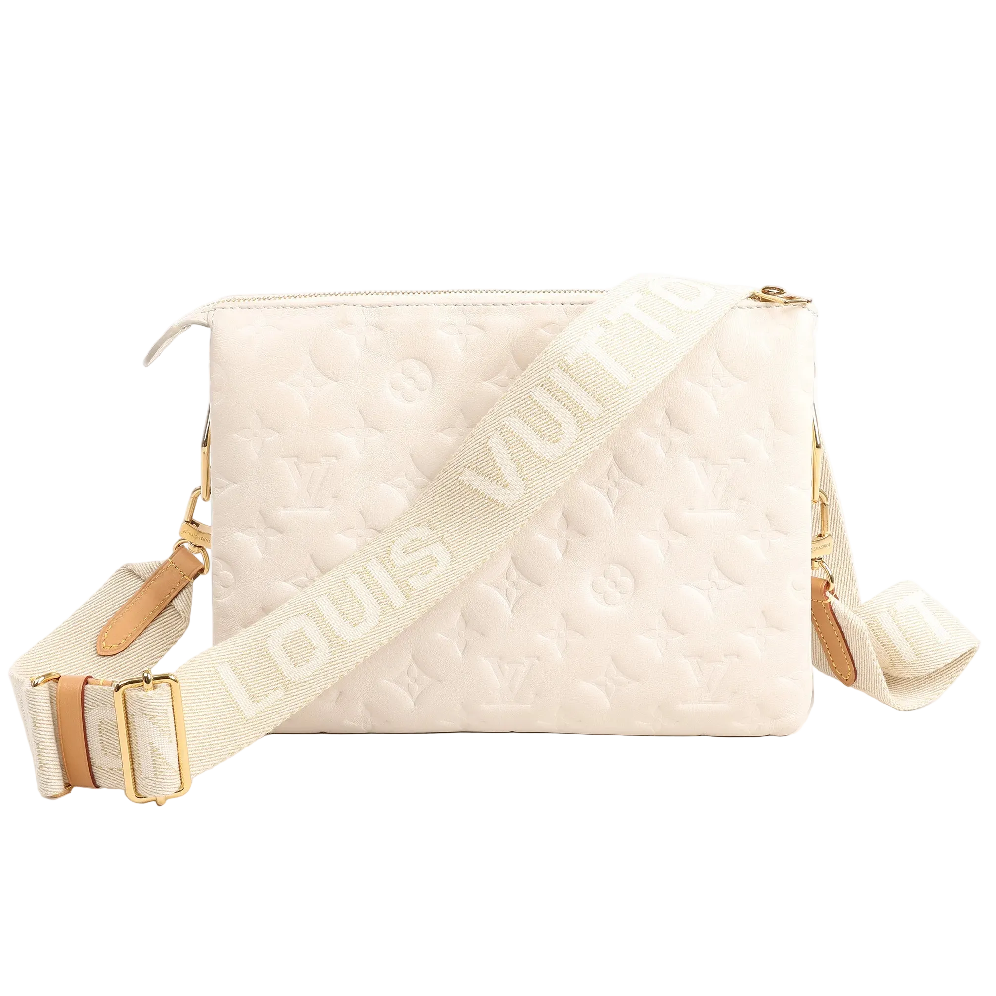 Louis Vuitton Coussin PM M57793 crossbody bag in white puffy Monogram-embossed lambskin with wide ivory logo strap and gold-tone hardware.