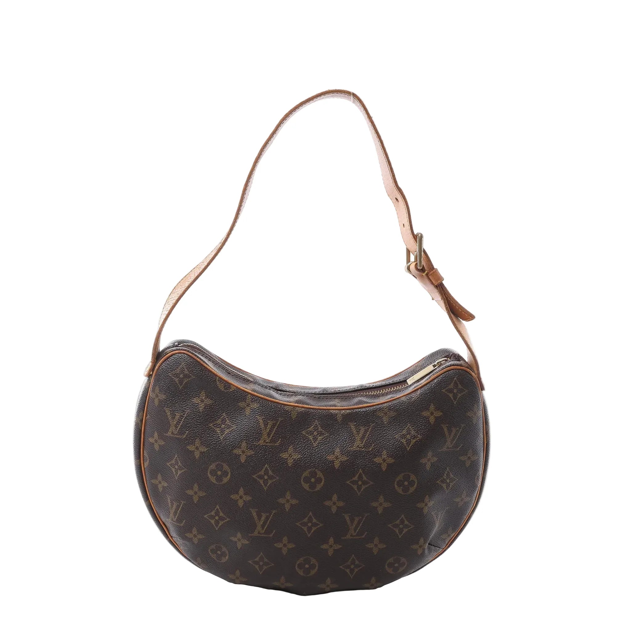 Louis Vuitton Croissant MM M51512 in Monogram canvas with vachetta leather trim, zip top and adjustable shoulder strap. Curved everyday icon.