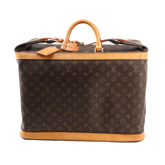 Louis Vuitton Cruiser 50 M41137 travel bag in brown Monogram coated canvas with natural leather trim, rolled leather handles, gold-tone hardware, and structured rectangular silhouette.