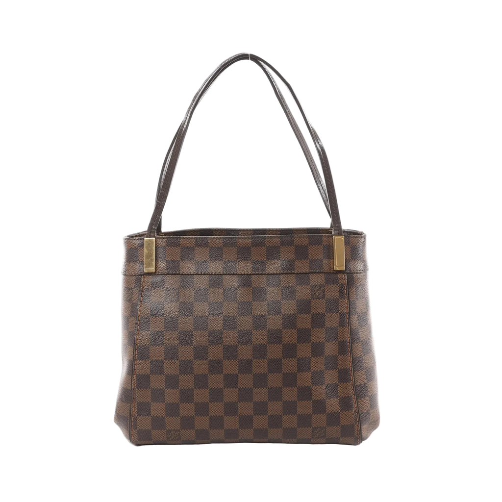 Louis Vuitton Marylebone PM brown Damier Ebene checkerboard shoulder bag with slim dark leather straps and gold-tone hardware on white background.