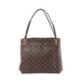 Louis Vuitton Marylebone PM brown Damier Ebene checkerboard shoulder bag with slim dark leather straps and gold-tone hardware on white background.
