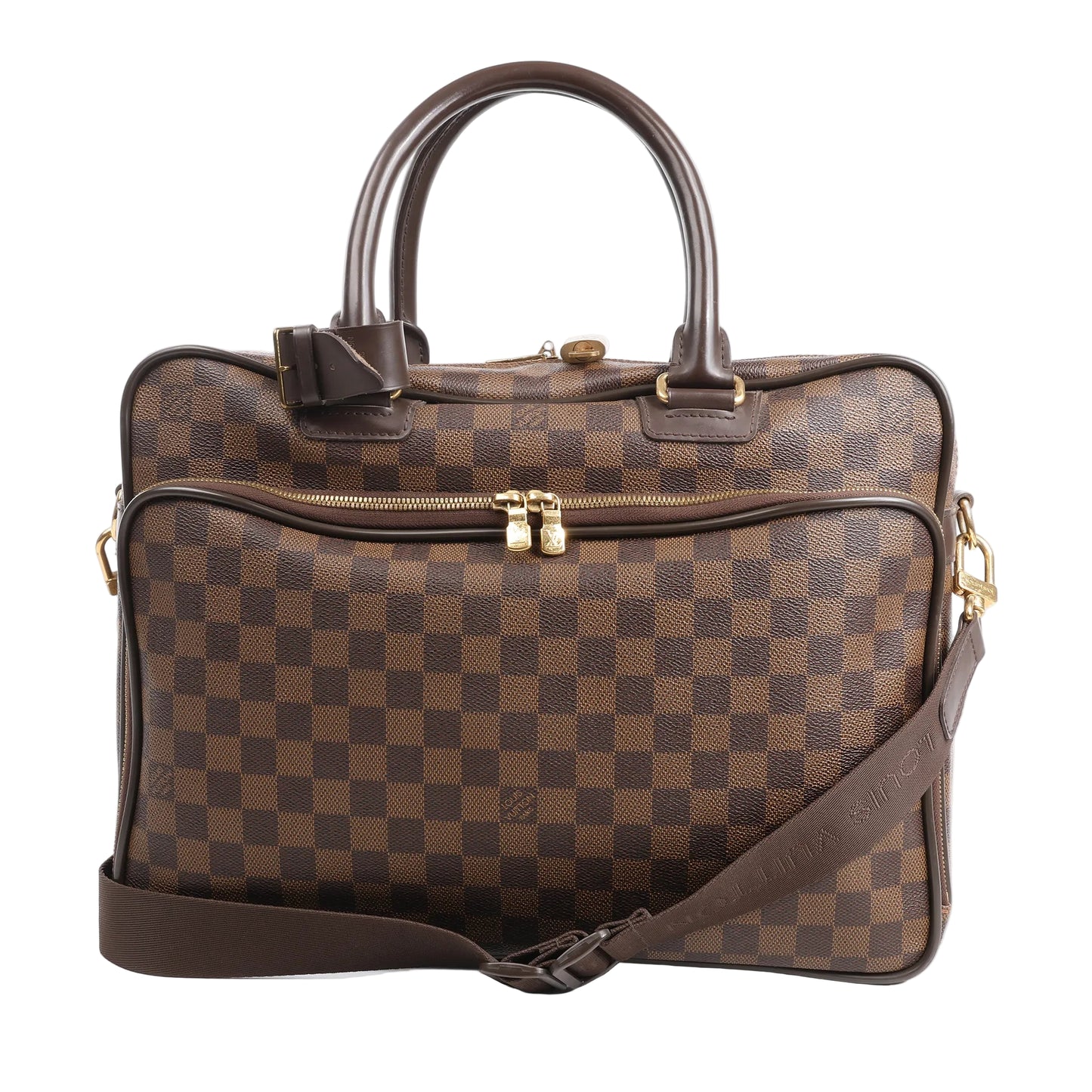 Front view of the Louis Vuitton Damier Ebene Agal 2Way Handbag N23252, featuring brown checkered coated canvas, dark brown leather trim, dual top handles, gold-tone hardware, front zip pocket, and adjustable shoulder strap, displayed against a white background.