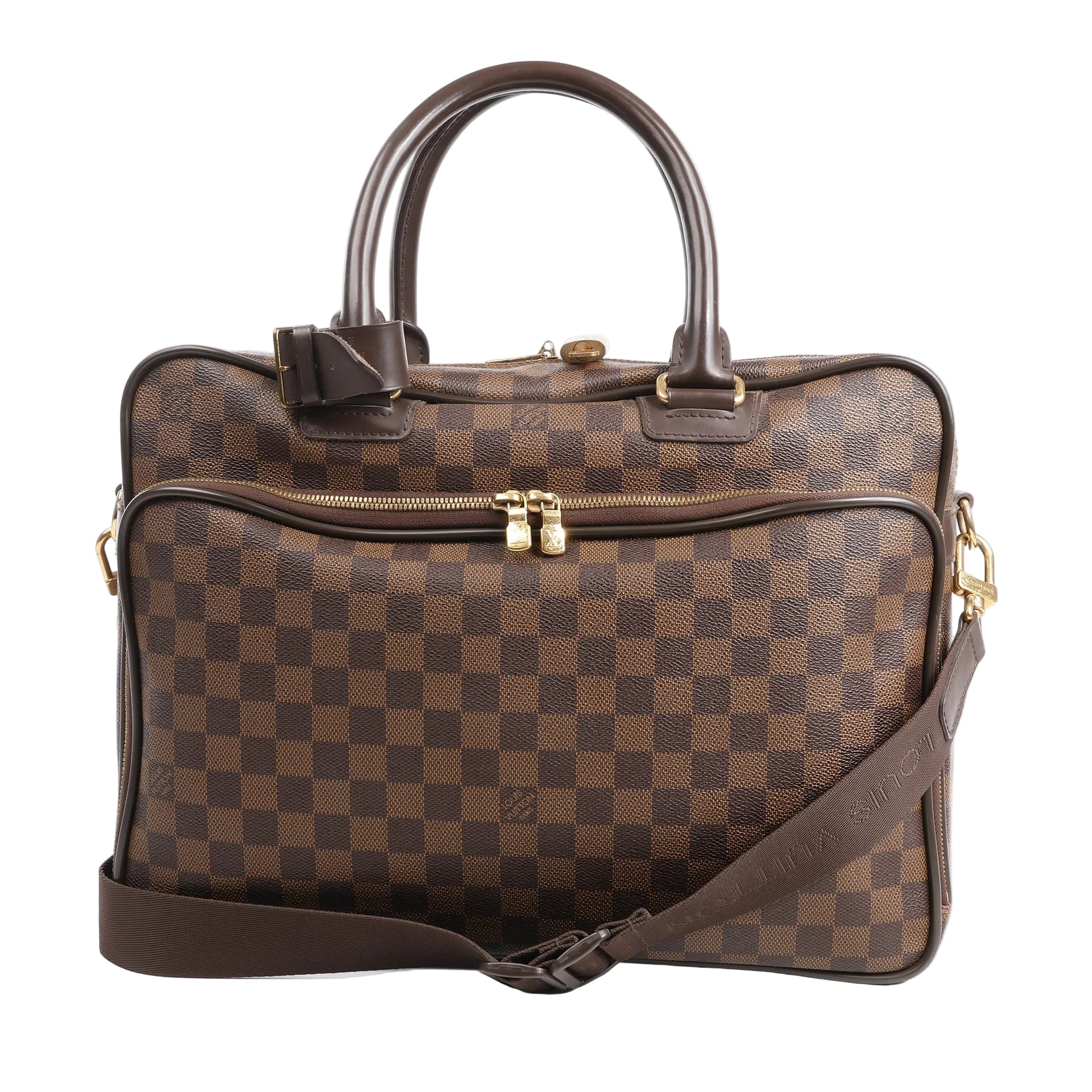Front view of the Louis Vuitton Damier Ebene Agal 2Way Handbag N23252, featuring brown checkered coated canvas, dark brown leather trim, dual top handles, gold-tone hardware, front zip pocket, and adjustable shoulder strap, displayed against a white background.
