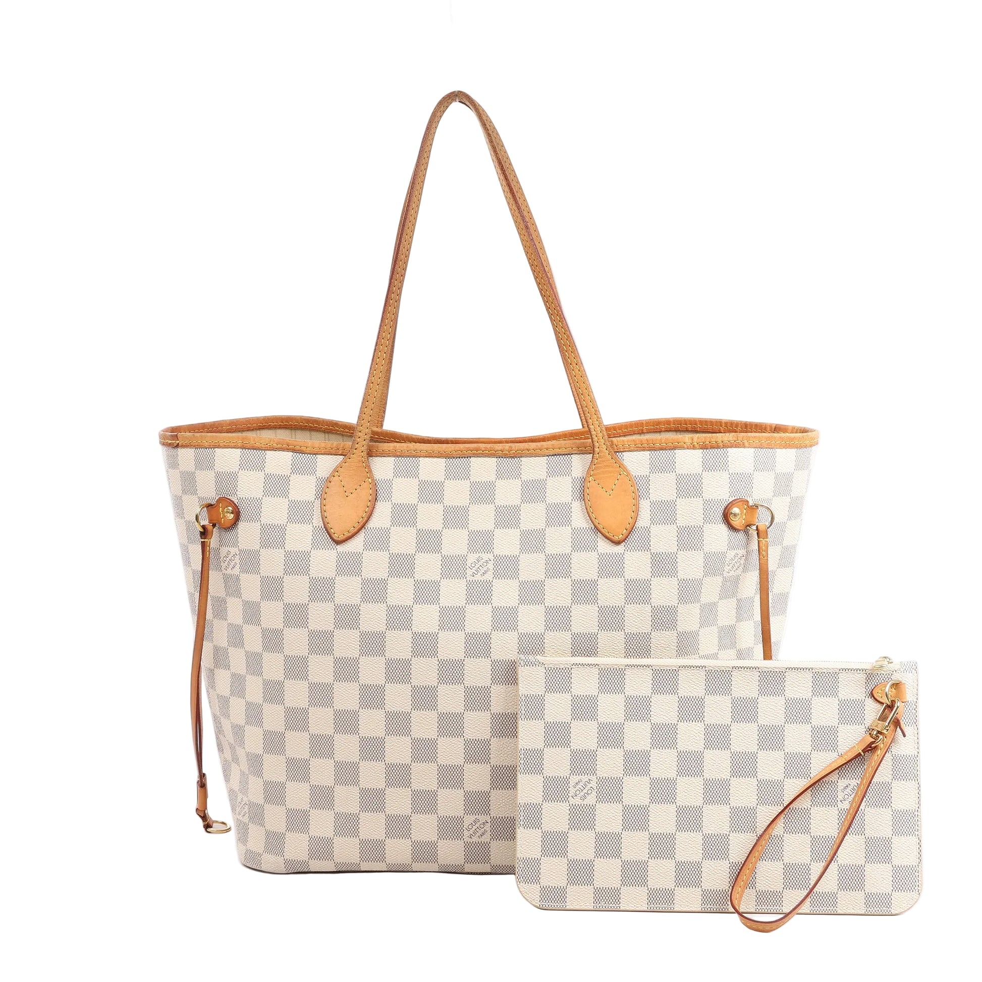 Louis Vuitton Neverfull MM Shoulder Bag N41361 in Damier Azur coated canvas with natural leather trim, dual top handles, side drawstrings, and matching zip pouch, displayed against a white background.