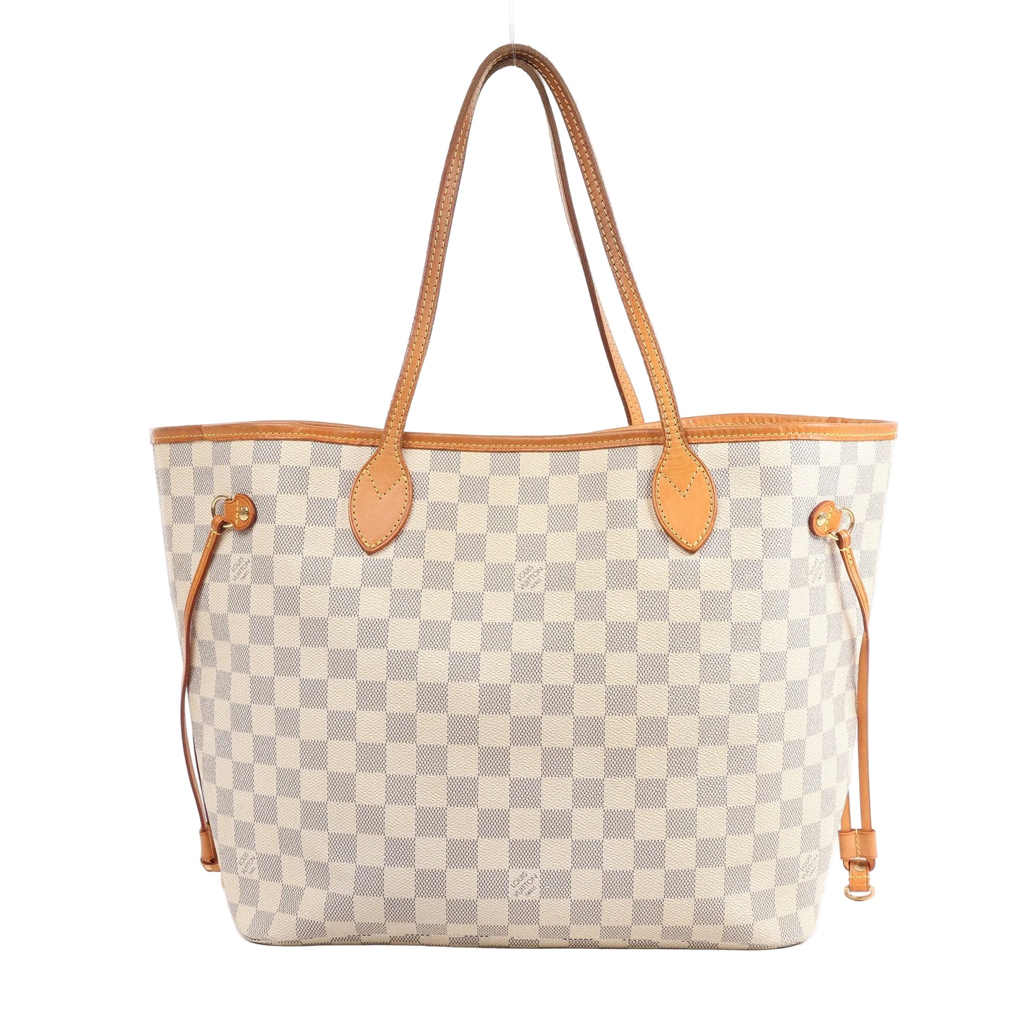 Louis Vuitton Neverfull MM Shoulder Bag N51107 in Damier Azur coated canvas with tan leather trim, dual top handles, side drawstrings, and checkered pattern, displayed upright against a white background.