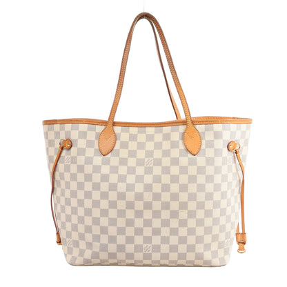 Louis Vuitton Neverfull MM Shoulder Bag N51107 in Damier Azur coated canvas with tan leather trim, dual top handles, side drawstrings, and checkered pattern, displayed upright against a white background.