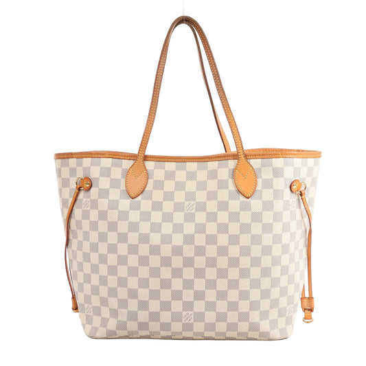 Louis Vuitton Neverfull MM Shoulder Bag N51107 in Damier Azur coated canvas with tan leather trim, dual top handles, side drawstrings, and checkered pattern, displayed upright against a white background.