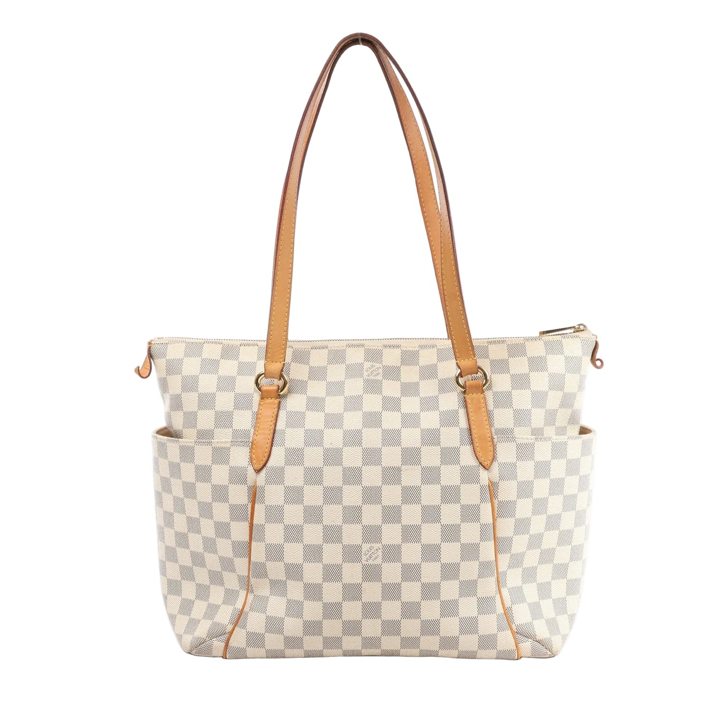 Louis Vuitton Damier Azur Totally MM shoulder bag in light checkered coated canvas with tan leather handles, trim, and side pockets, featuring gold-tone hardware and a zip closure.
