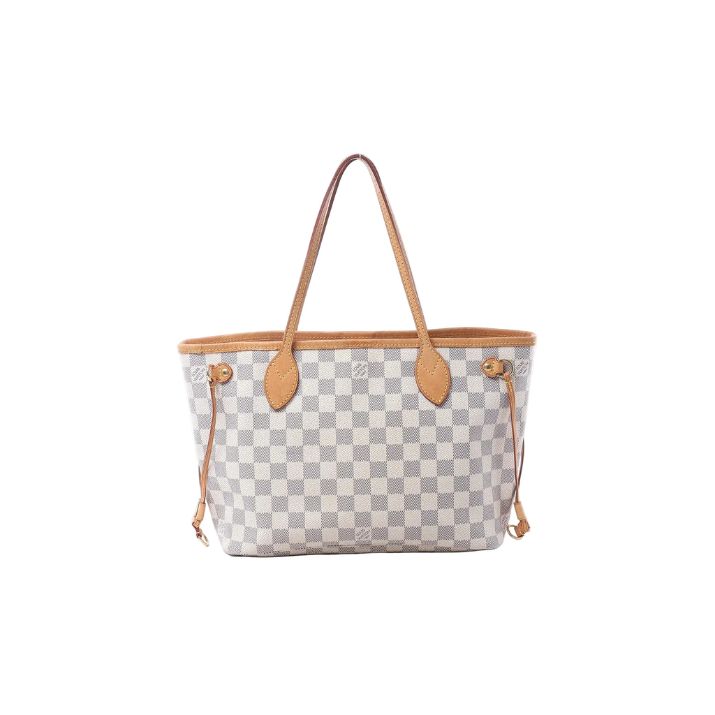 Louis Vuitton Neverfull PM shoulder bag in beige and white Damier Azur canvas with tan vachetta leather trim, slim straps, side ties, and gold-tone hardware on white background.