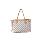 Louis Vuitton Neverfull PM shoulder bag in beige and white Damier Azur canvas with tan vachetta leather trim, slim straps, side ties, and gold-tone hardware on white background.