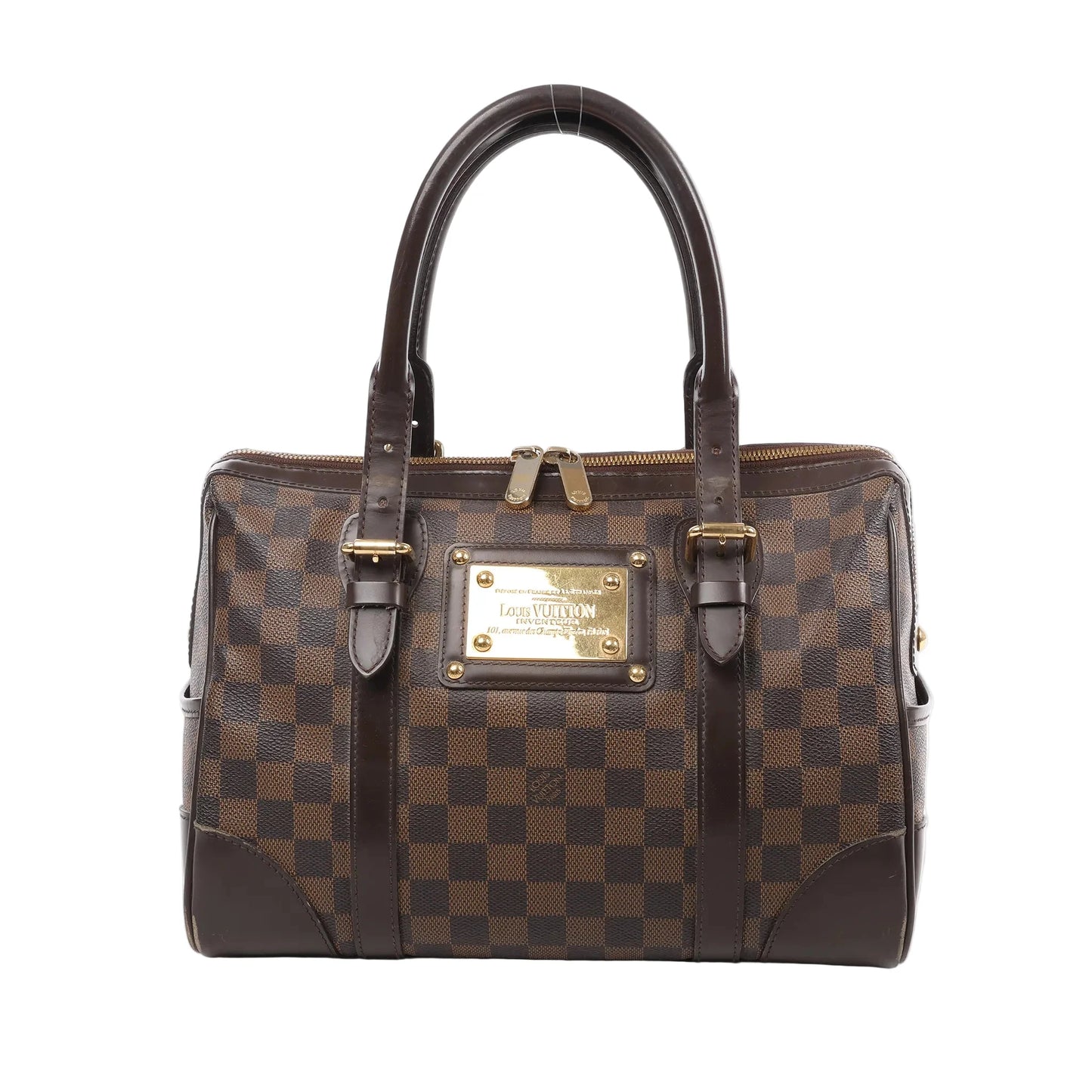 Louis Vuitton Damier Ebene Berkeley Handbag N52000 featuring brown checkerboard canvas, dark brown leather handles and trim, gold-tone hardware, and signature nameplate on the front, displayed against a white background.