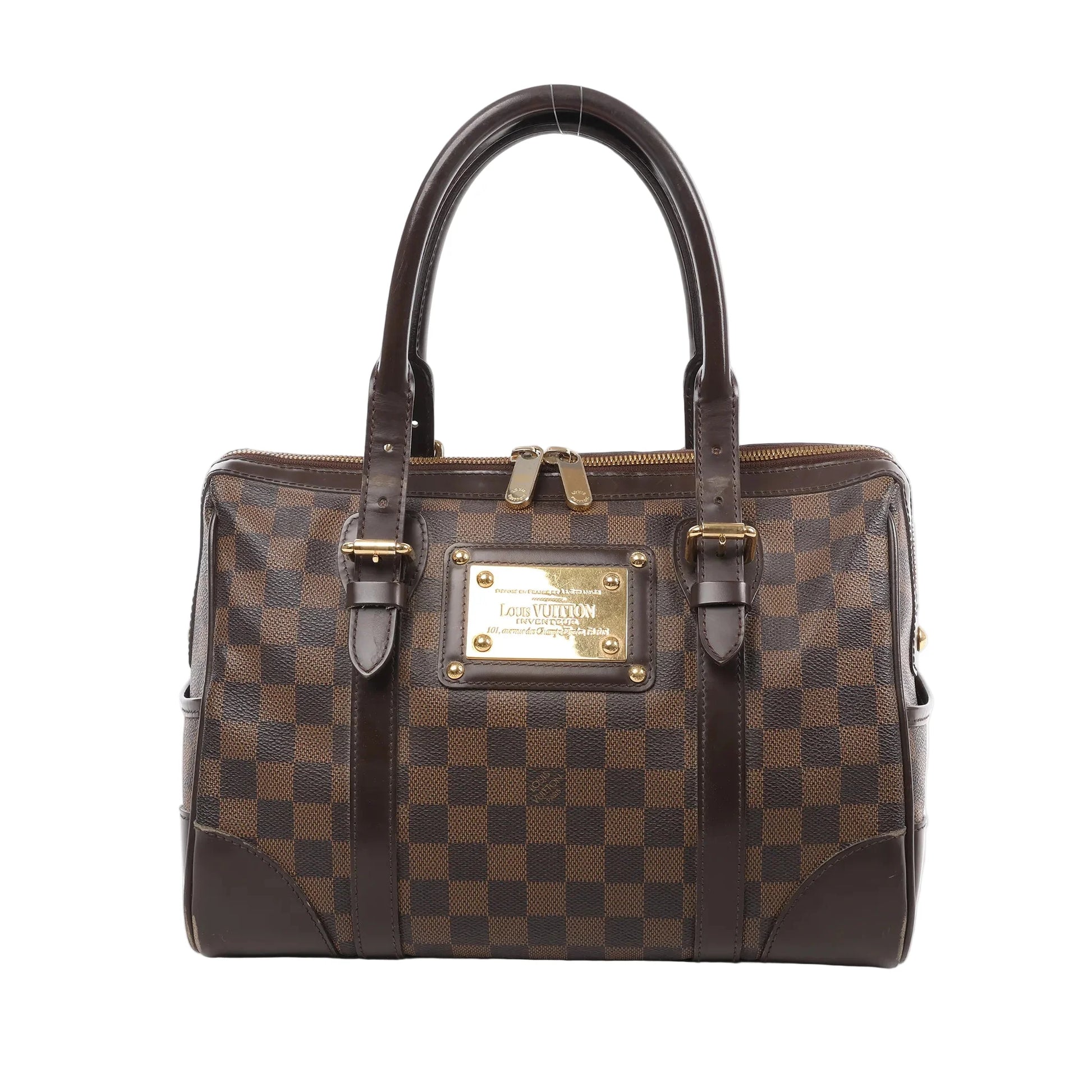 Louis Vuitton Damier Ebene Berkeley Handbag N52000 featuring brown checkerboard canvas, dark brown leather handles and trim, gold-tone hardware, and signature nameplate on the front, displayed against a white background.