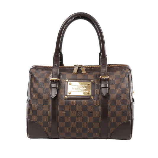 Louis Vuitton Damier Ebene Berkeley Handbag N52000 featuring brown checkerboard canvas, dark brown leather handles and trim, gold-tone hardware, and signature nameplate on the front, displayed against a white background.