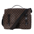 Louis Vuitton Broadway brown Damier canvas messenger bag with dark shoulder strap, top handle and two front buckle details.