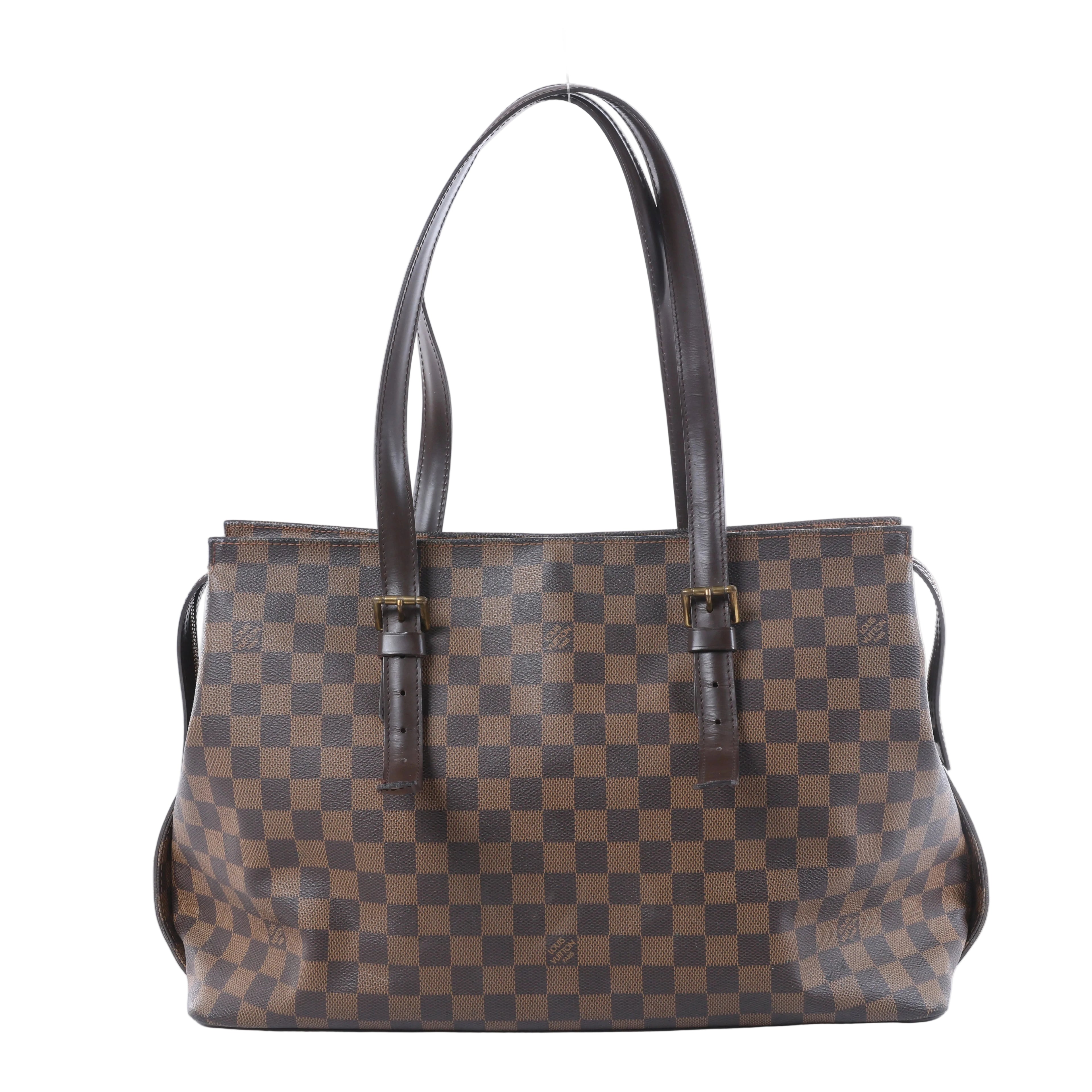 Louis Vuitton Chelsea brown Damier Ebene shoulder bag with dark brown leather straps, buckle details and structured tote shape.