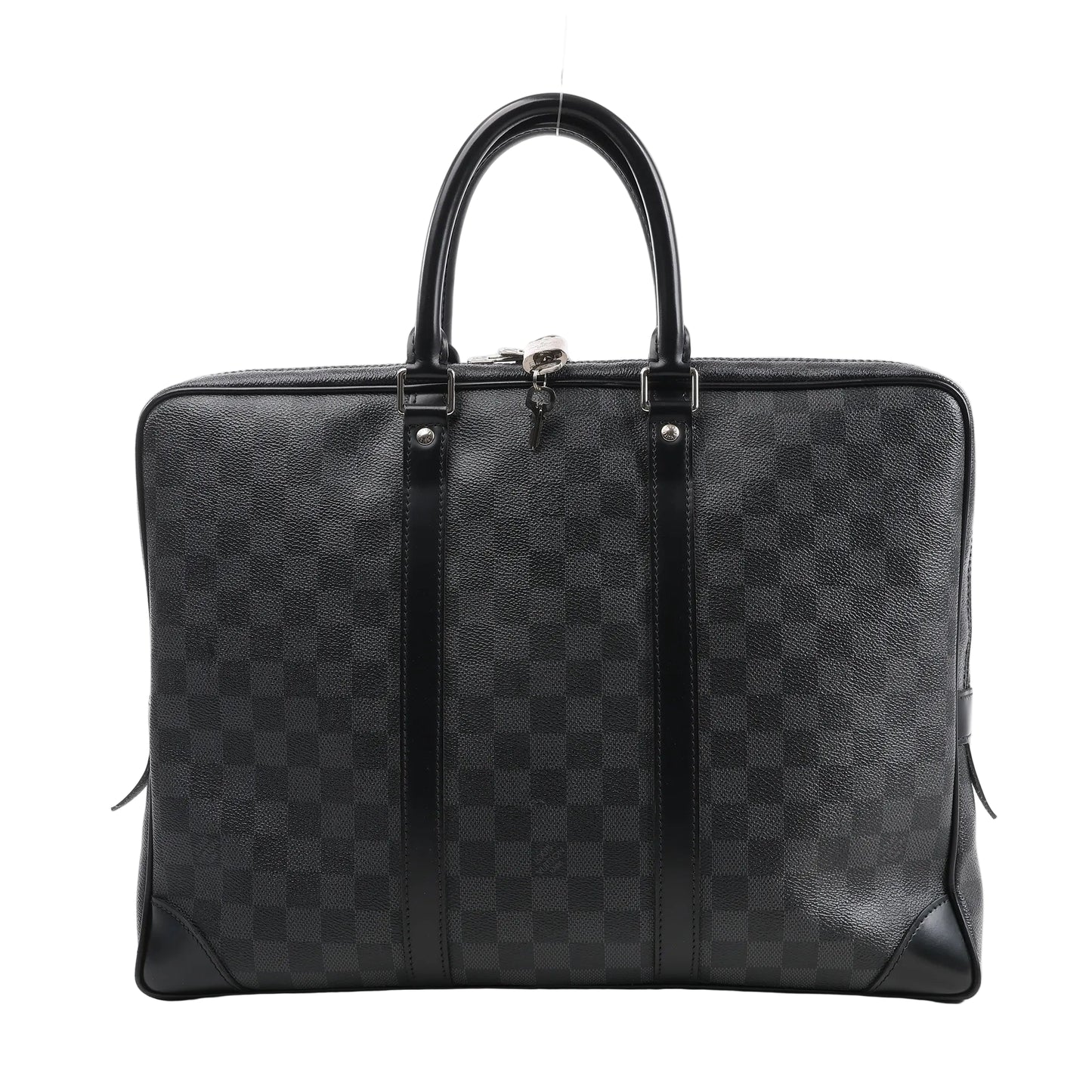Louis Vuitton Damier Graphite Porte Documents Voyage Handbag N41125 featuring black and gray checkered canvas, black leather handles and trim, silver-tone hardware with padlock and key, and structured rectangular shape, displayed on a white background.