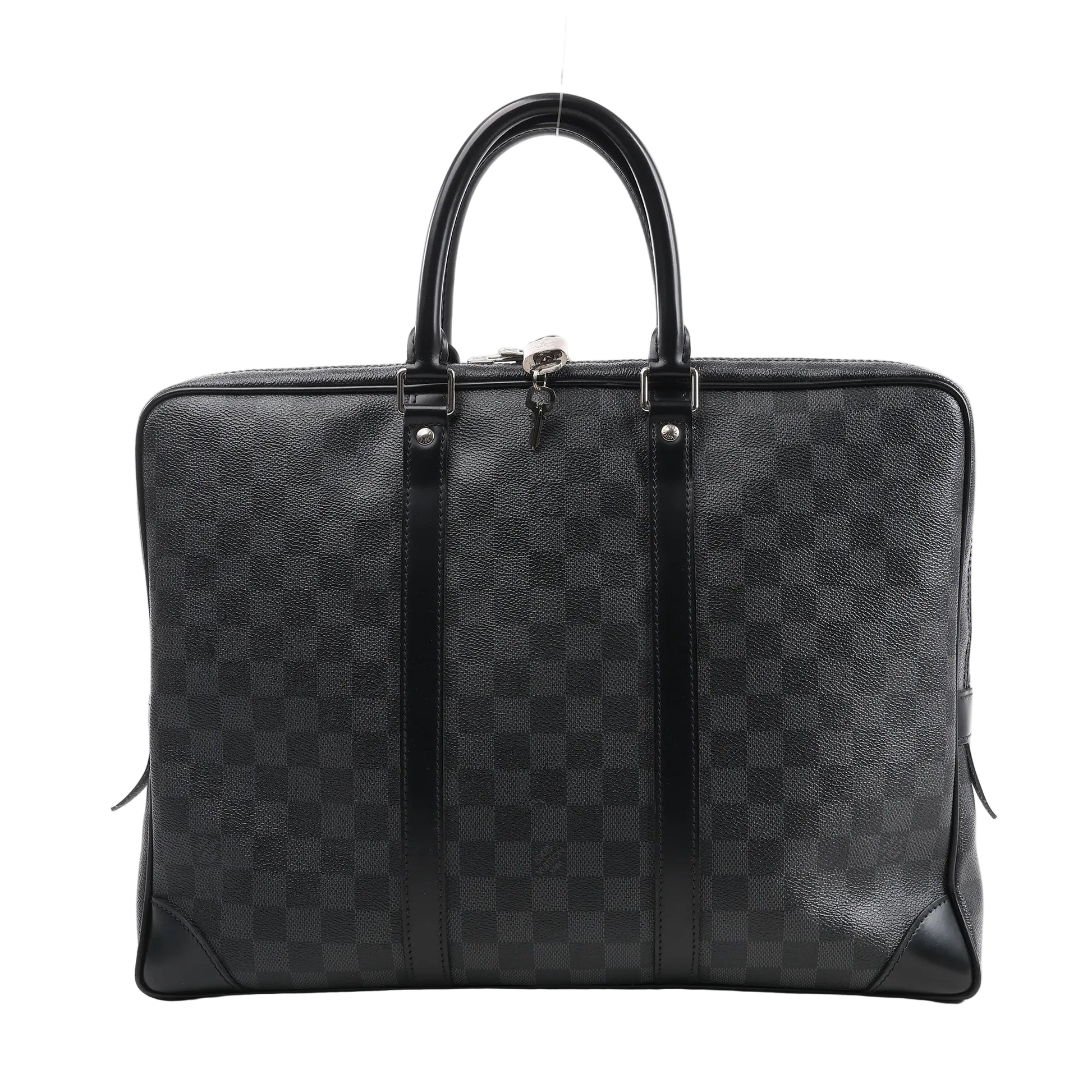 Louis Vuitton Damier Graphite Porte Documents Voyage Handbag N41125 featuring black and gray checkered canvas, black leather handles and trim, silver-tone hardware with padlock and key, and structured rectangular shape, displayed on a white background.