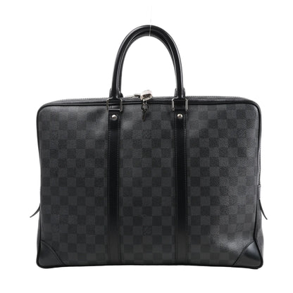 Louis Vuitton Damier Graphite Porte Documents Voyage Handbag N41125 featuring black and gray checkered canvas, black leather handles and trim, silver-tone hardware with padlock and key, and structured rectangular shape, displayed on a white background.