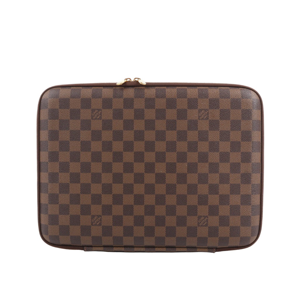 Louis Vuitton Horizon Laptop Sleeve PM in brown Damier Ebene canvas featuring a checkered pattern, gold-tone double zip closure, and slim structured silhouette for tech carry.