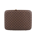 Louis Vuitton Horizon Laptop Sleeve PM in brown Damier Ebene canvas featuring a checkered pattern, gold-tone double zip closure, and slim structured silhouette for tech carry.
