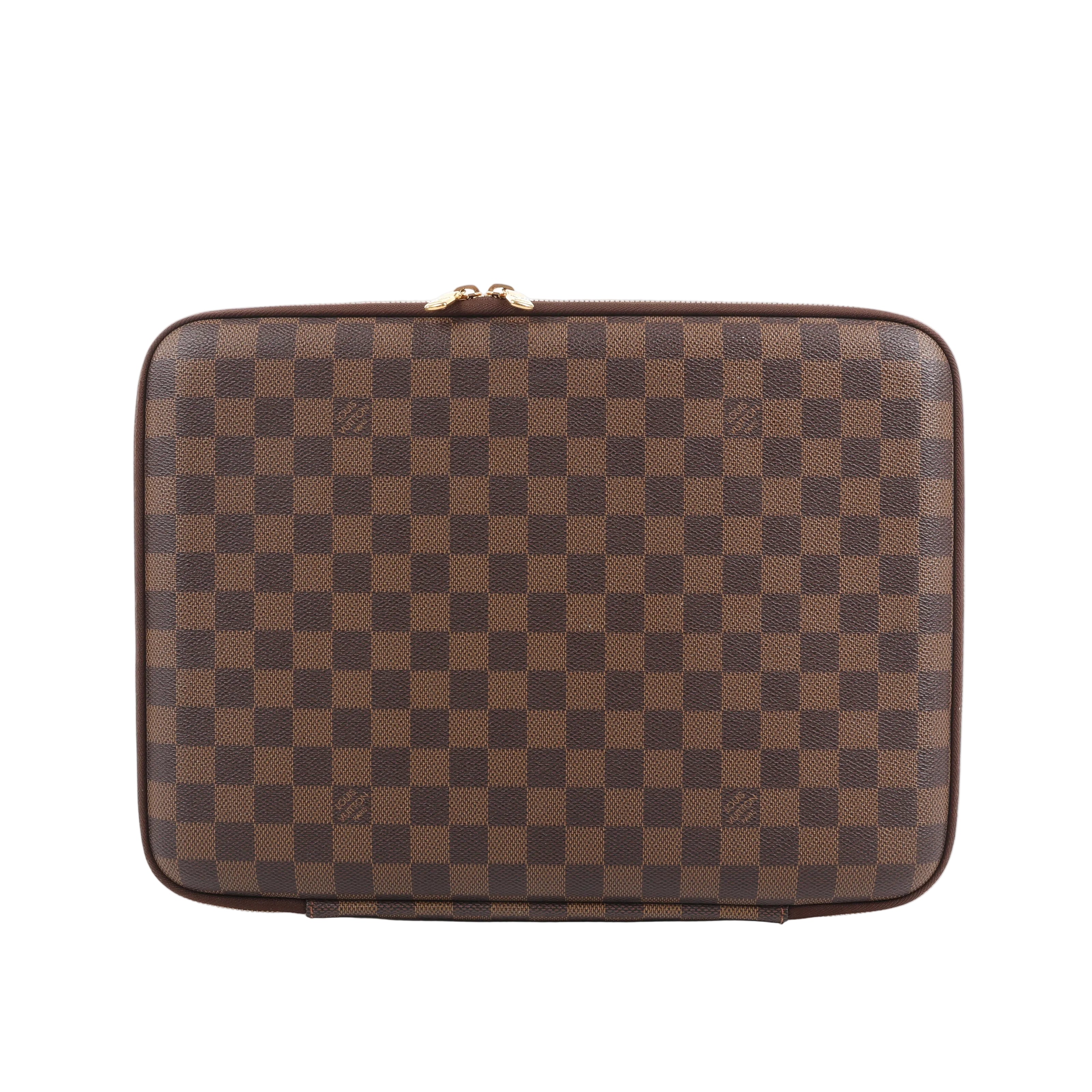 Louis Vuitton Horizon Laptop Sleeve PM in brown Damier Ebene canvas featuring a checkered pattern, gold-tone double zip closure, and slim structured silhouette for tech carry.