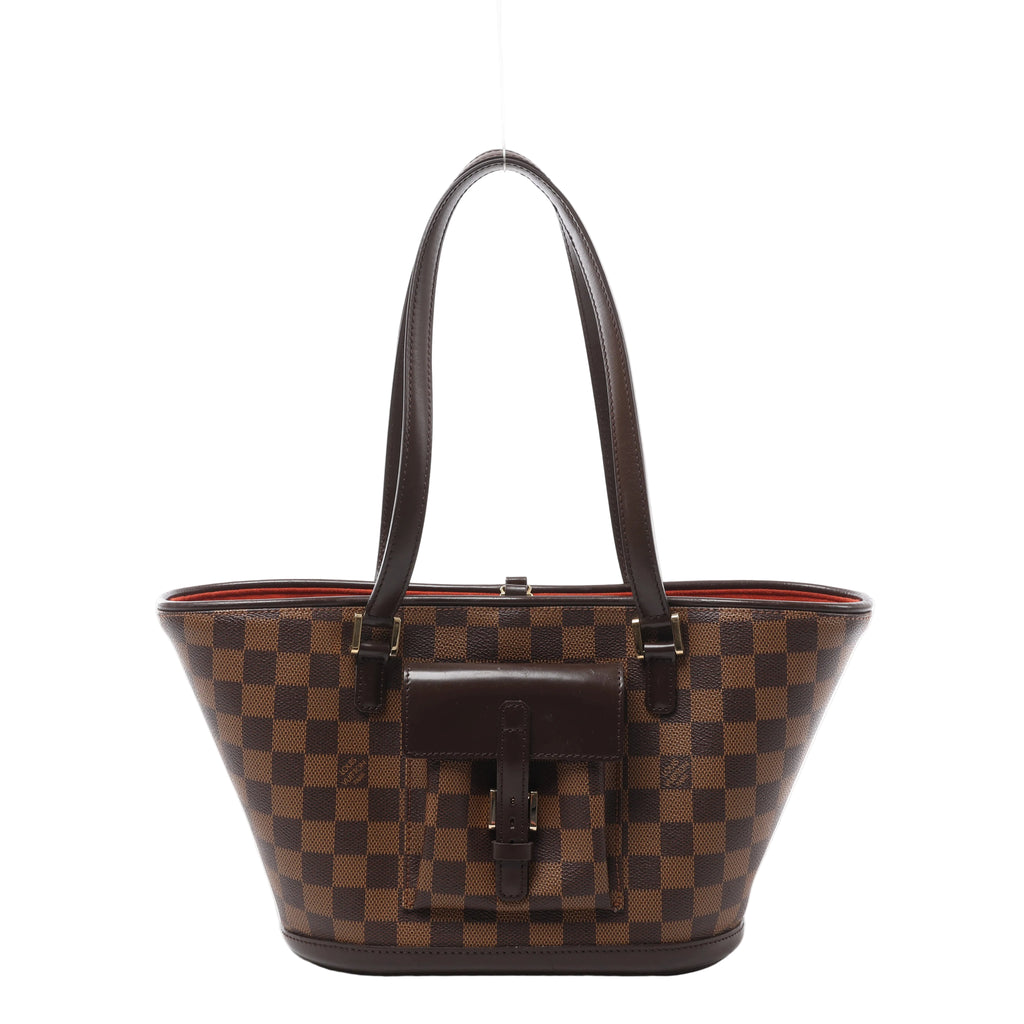 Brown Louis Vuitton Manosque PM Damier Ebene shoulder bag with long dark leather straps, a flared shape and a buckled front flap pocket.