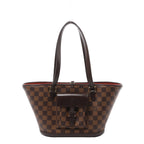 Brown Louis Vuitton Manosque PM Damier Ebene shoulder bag with long dark leather straps, a flared shape and a buckled front flap pocket.