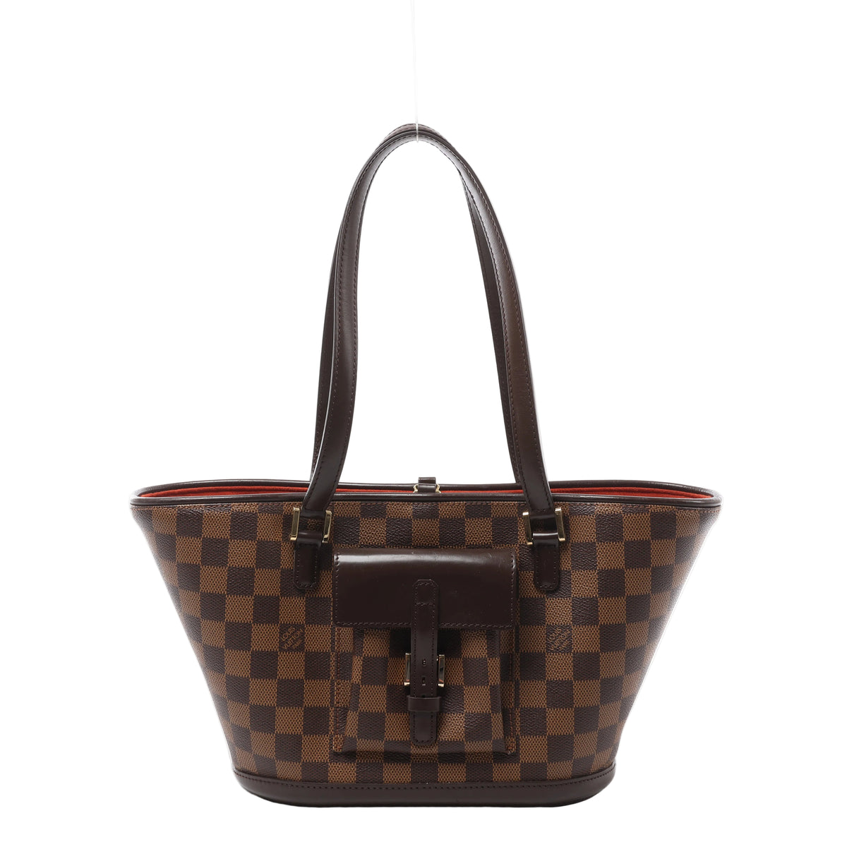Brown Louis Vuitton Manosque PM Damier Ebene shoulder bag with long dark leather straps, a flared shape and a buckled front flap pocket.