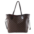 Louis Vuitton Neverfull MM tote in brown Damier Ebene canvas with dark leather shoulder straps and a red striped interior
