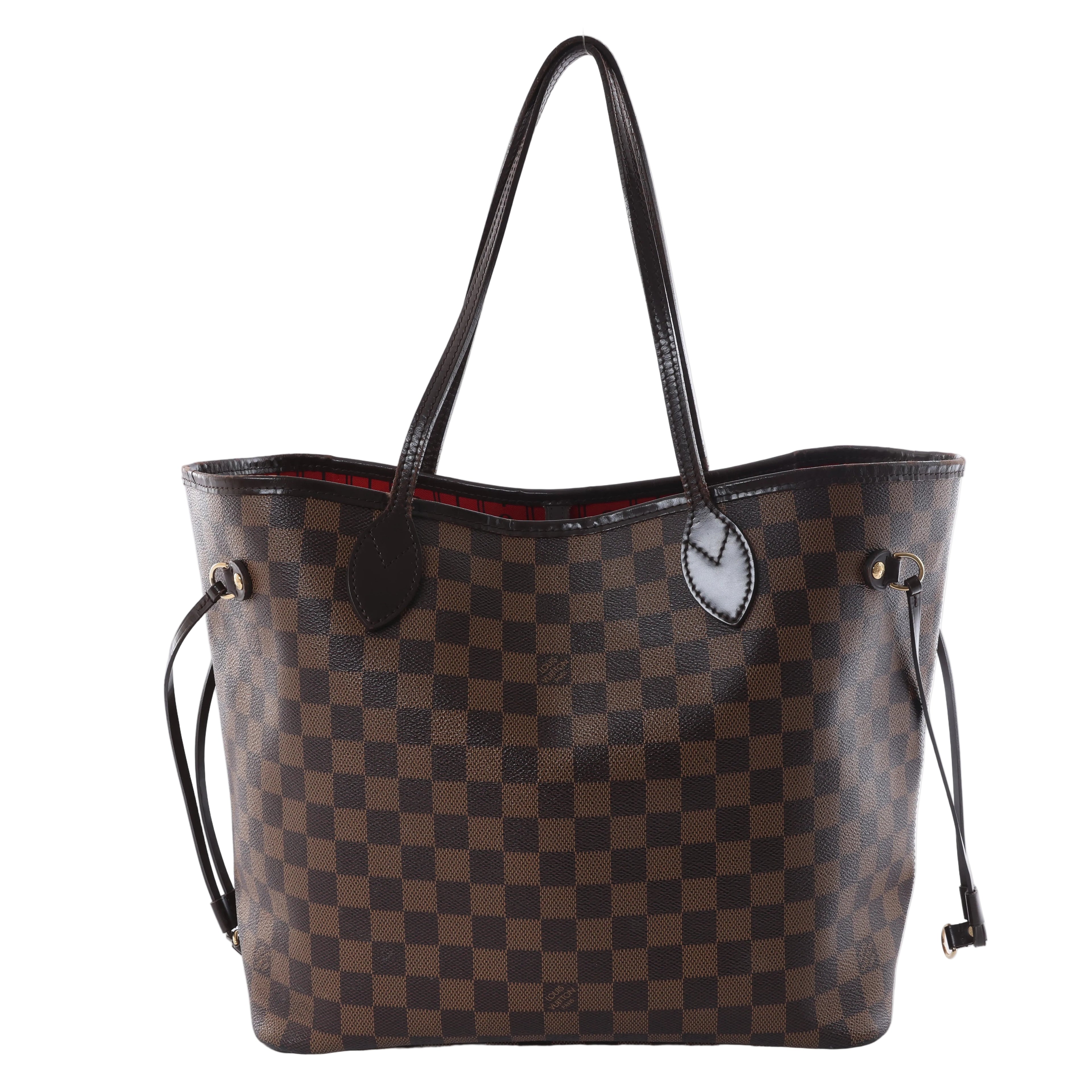 Louis Vuitton Neverfull MM tote in brown Damier Ebene canvas with dark leather shoulder straps and a red striped interior