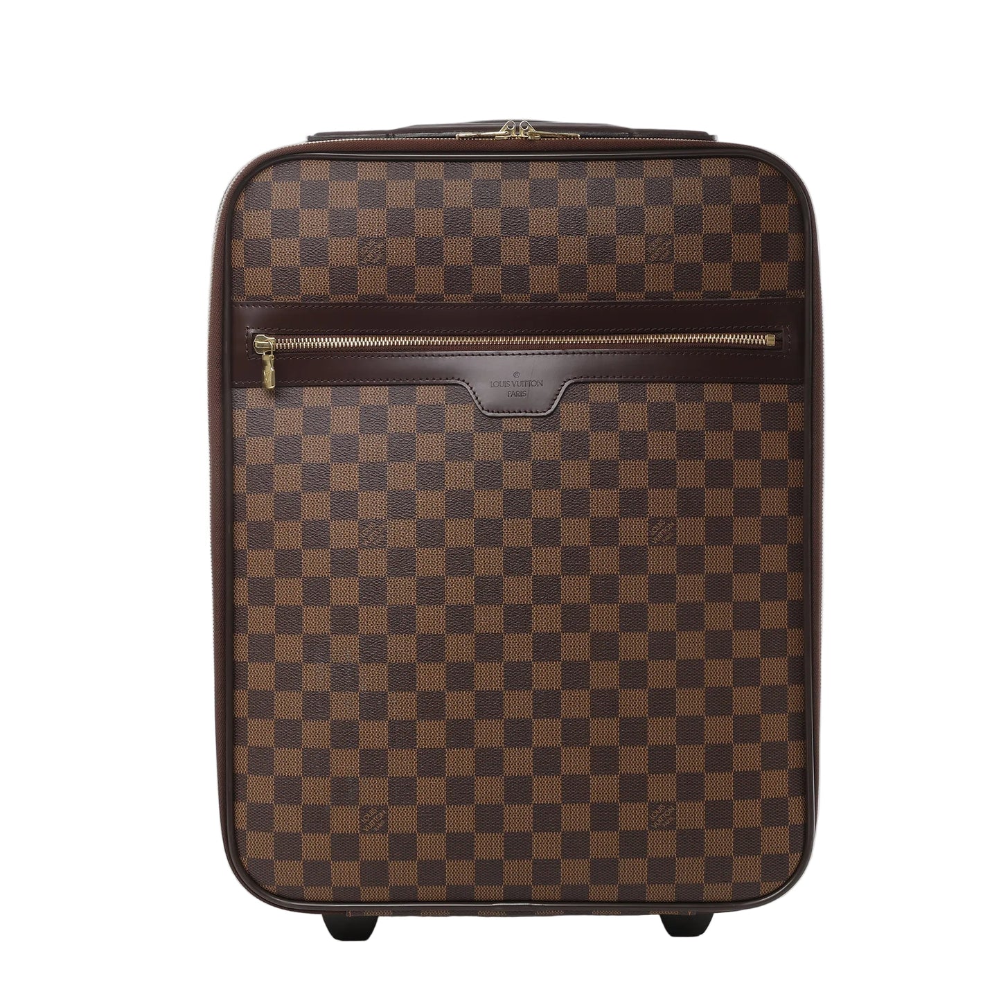 Front view of Louis Vuitton Damier Pégase 45 suitcase N23293 in brown checkered coated canvas, featuring dark brown leather trim, front zip pocket, gold-tone hardware, and two rolling wheels against a white background