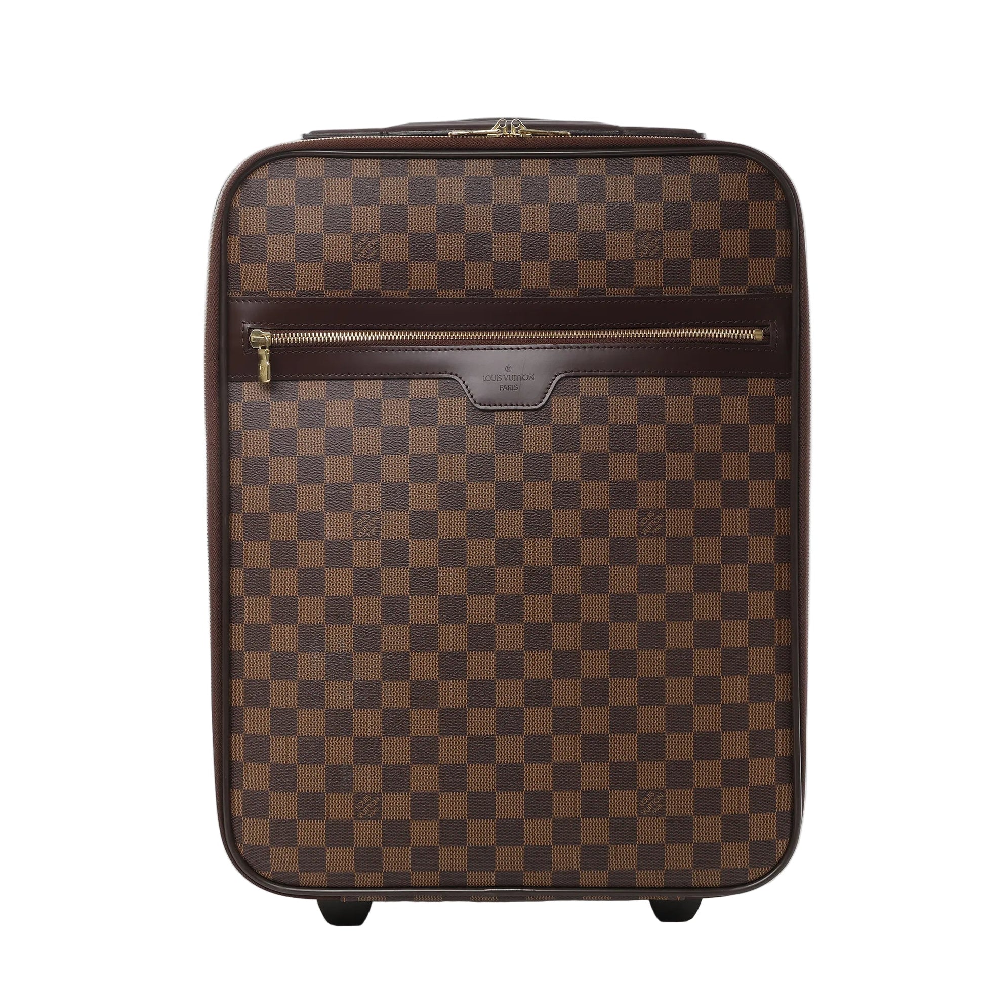 Front view of Louis Vuitton Damier Pégase 45 suitcase N23293 in brown checkered coated canvas, featuring dark brown leather trim, front zip pocket, gold-tone hardware, and two rolling wheels against a white background