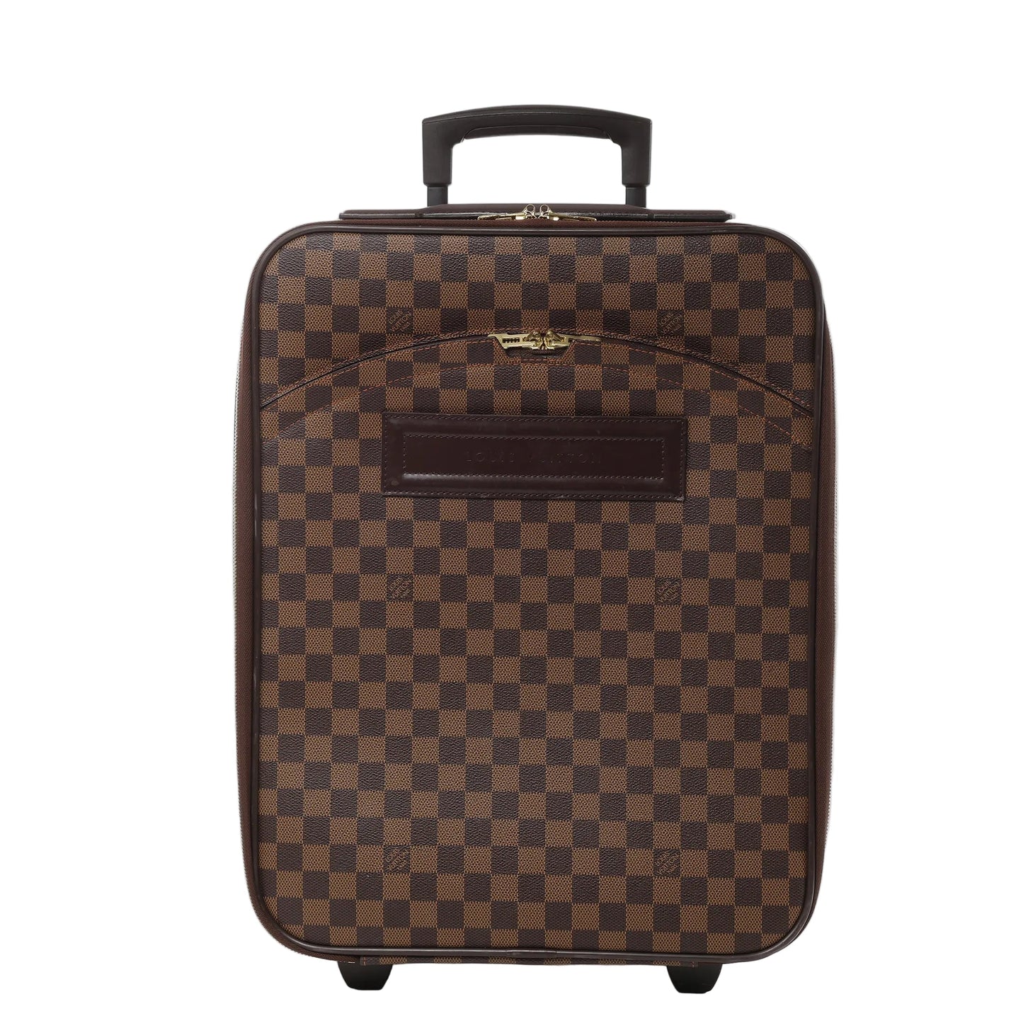 Front view of the Louis Vuitton Damier Pégase 45 Suitcase N23293 in brown checkerboard canvas, featuring a top telescopic handle, gold-tone zipper hardware, exterior zip pocket, leather name tag holder, and two rolling wheels at the base.